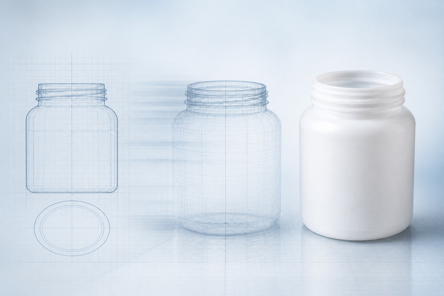 Wide-mouth HDPE reagent bottle emerging from an engineering drawing
