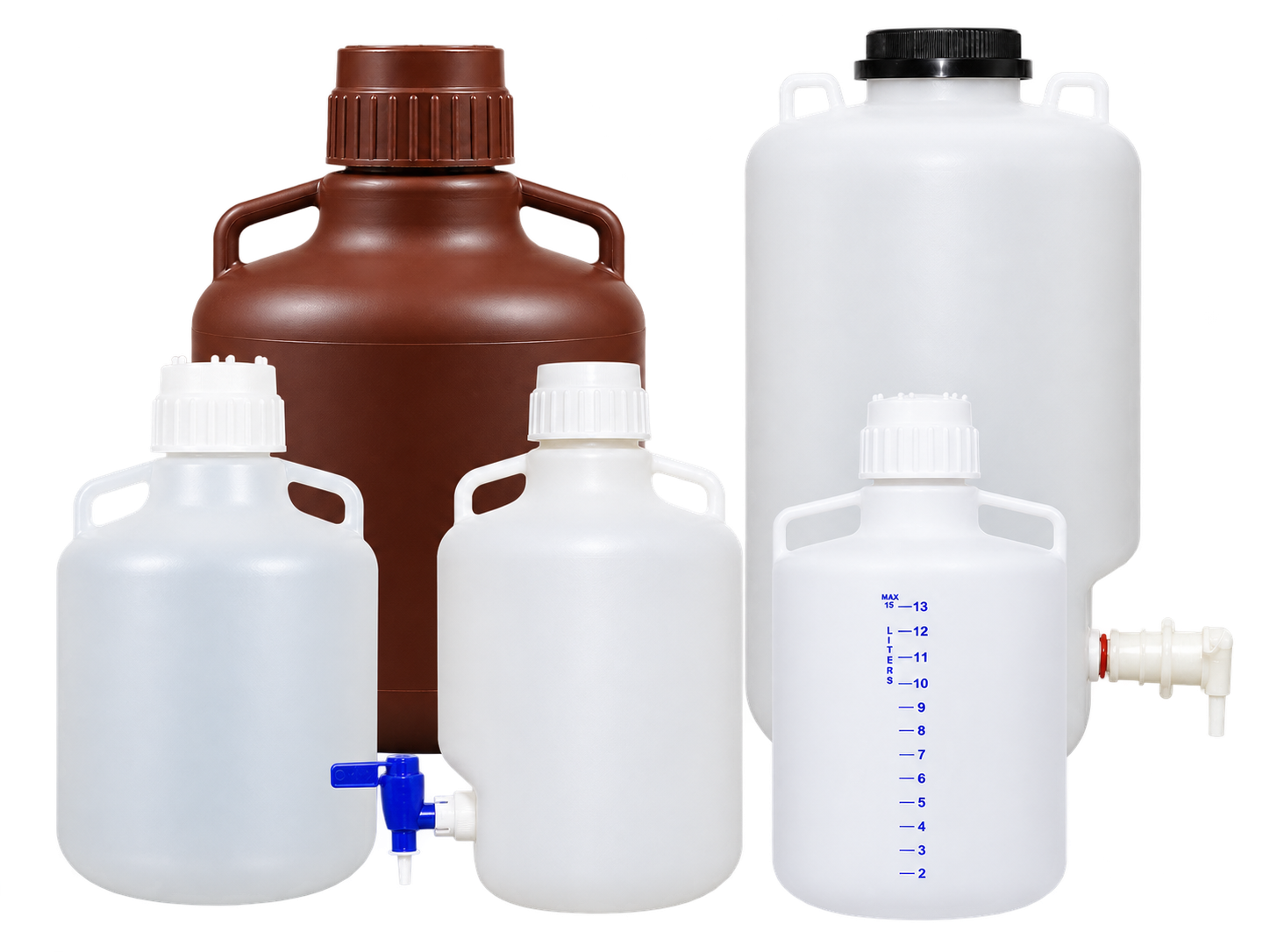 HDPE and PP laboratory carboys in dispensing, sterilizing, brown, natural, and wide-mouth formats
