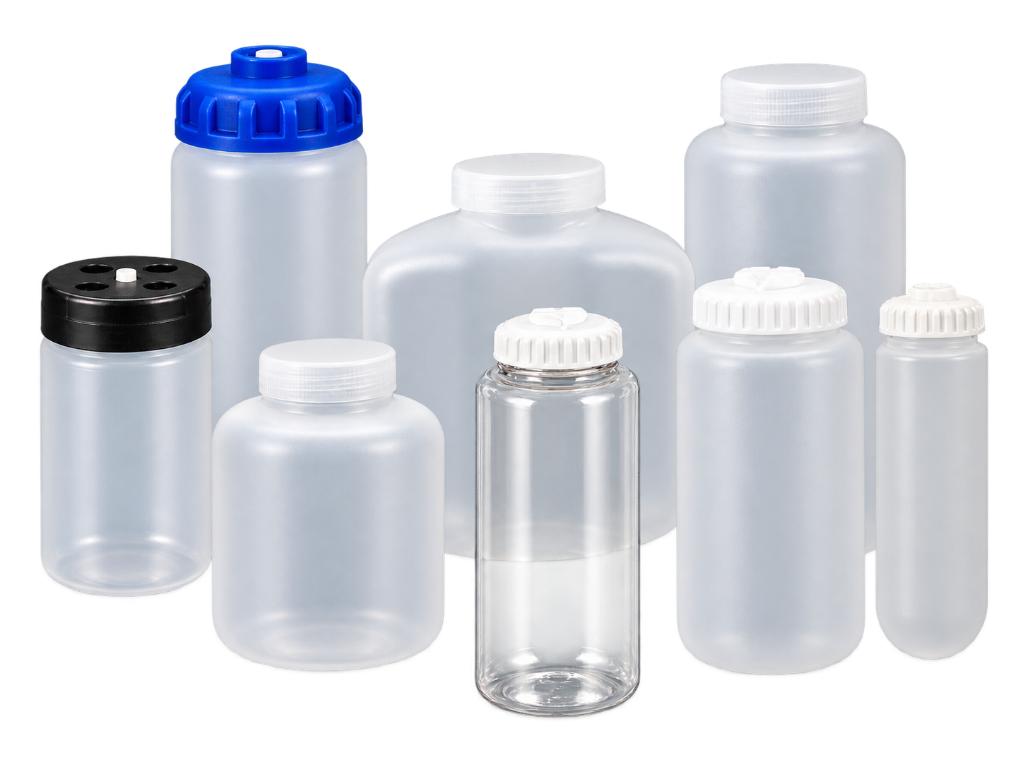 Low- and high-speed centrifuge bottles in PP, PC, PPCO, and HDPE with assorted closures and bottom formats