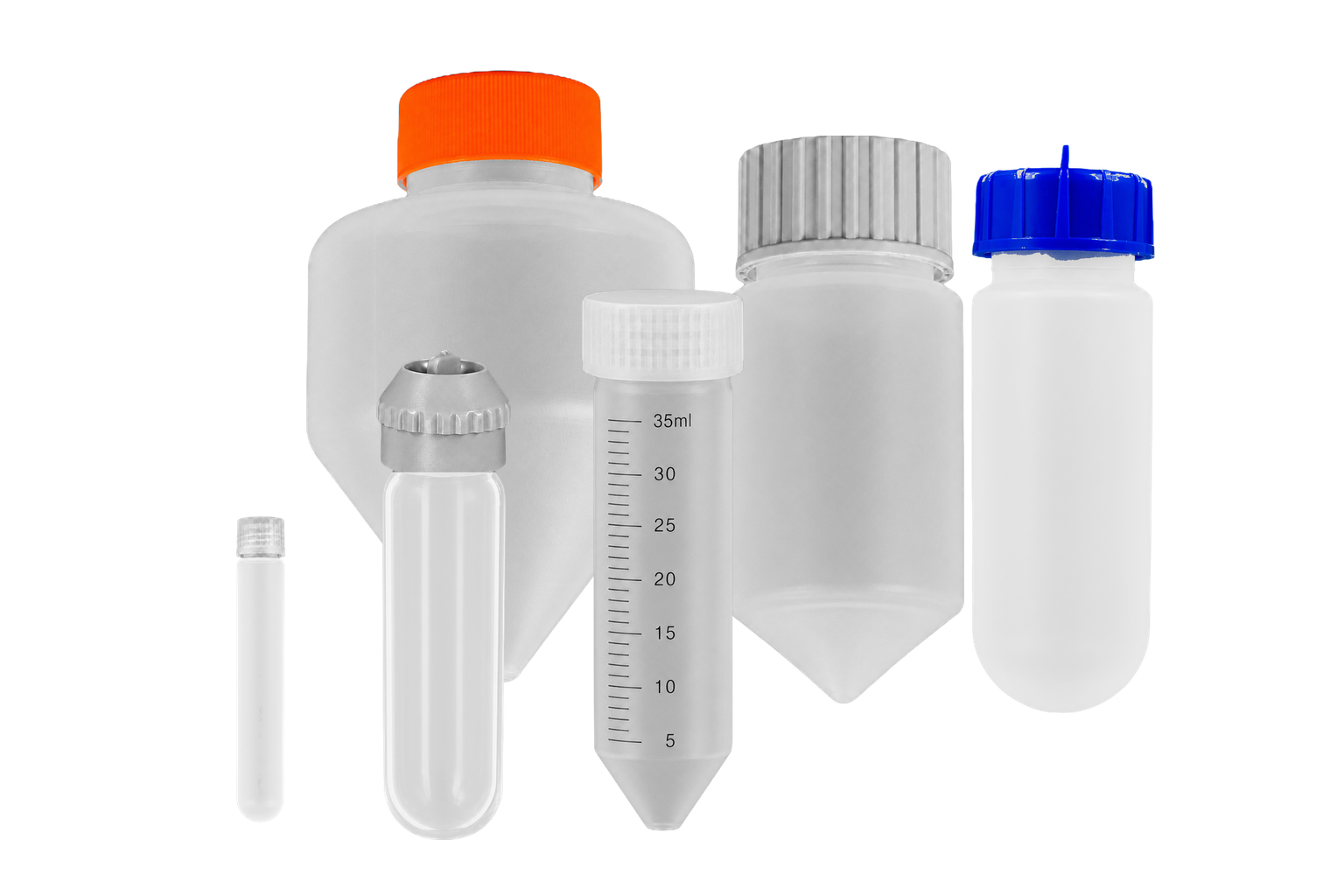 Round- and conical-bottom centrifuge tubes in PP, PPCO, and polycarbonate with screw, hinged, and removable caps