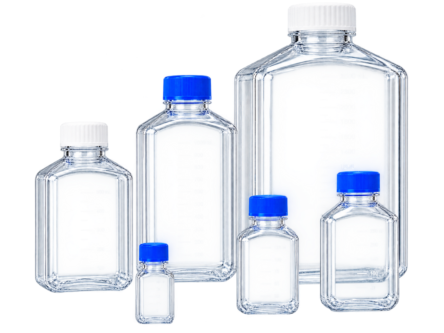 Square PET, PETG, and polycarbonate media bottles with blue and white screw closures in assorted capacities