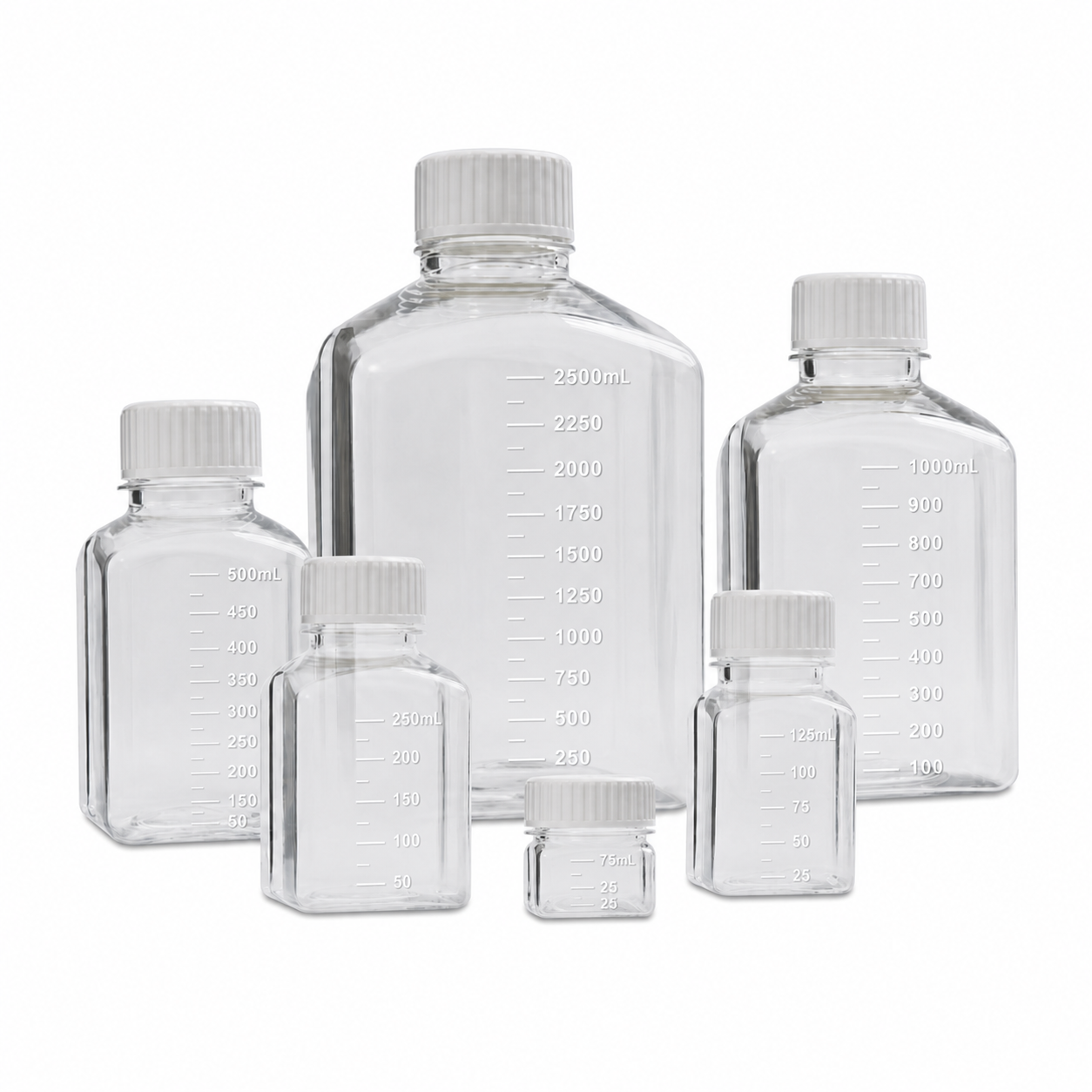 Polycarbonate square media bottles from 75ml to 2500ml