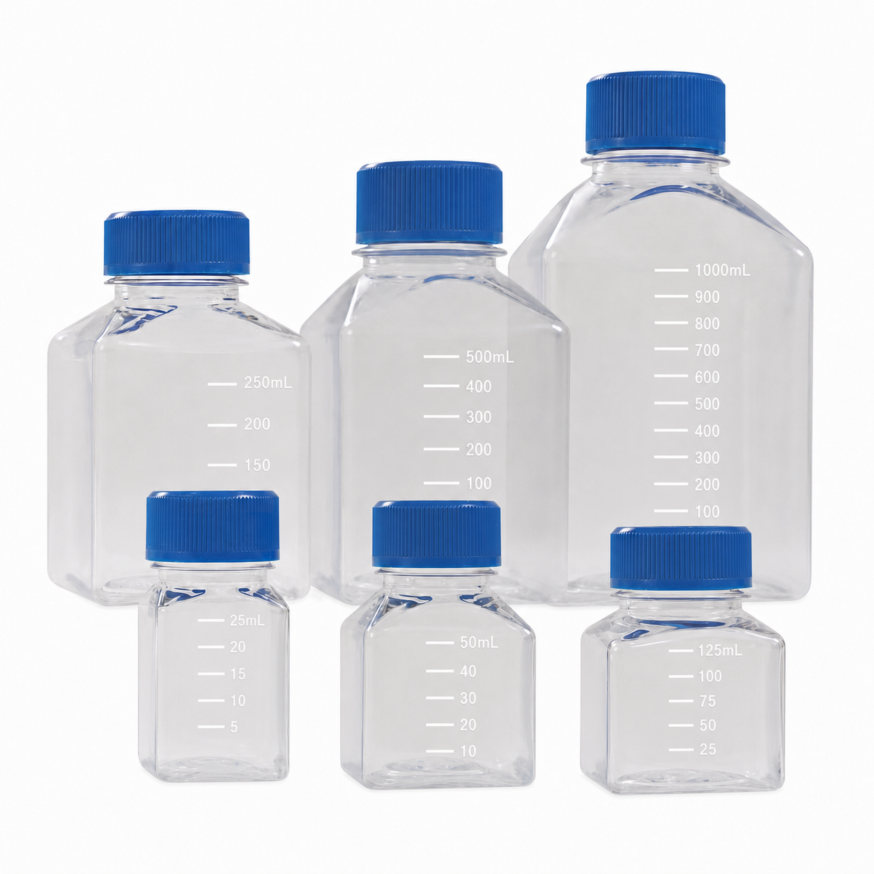 PET square media bottles from 25ml to 1000ml