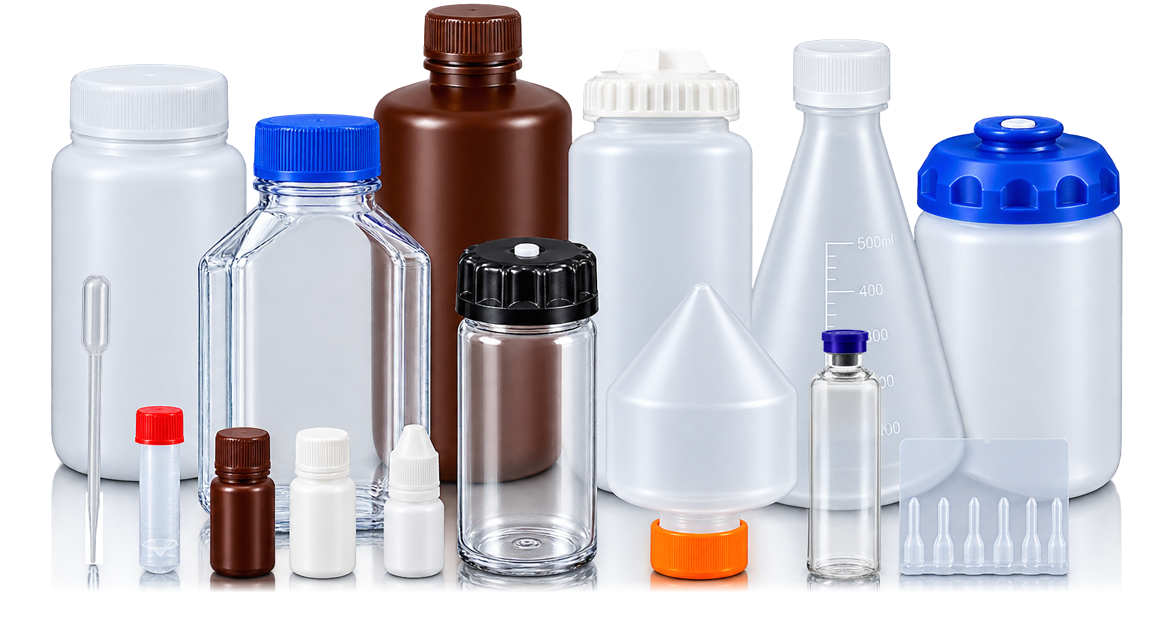 Centered collection of IDEAL laboratory bottles, centrifuge containers, media bottles, droppers, and a flask