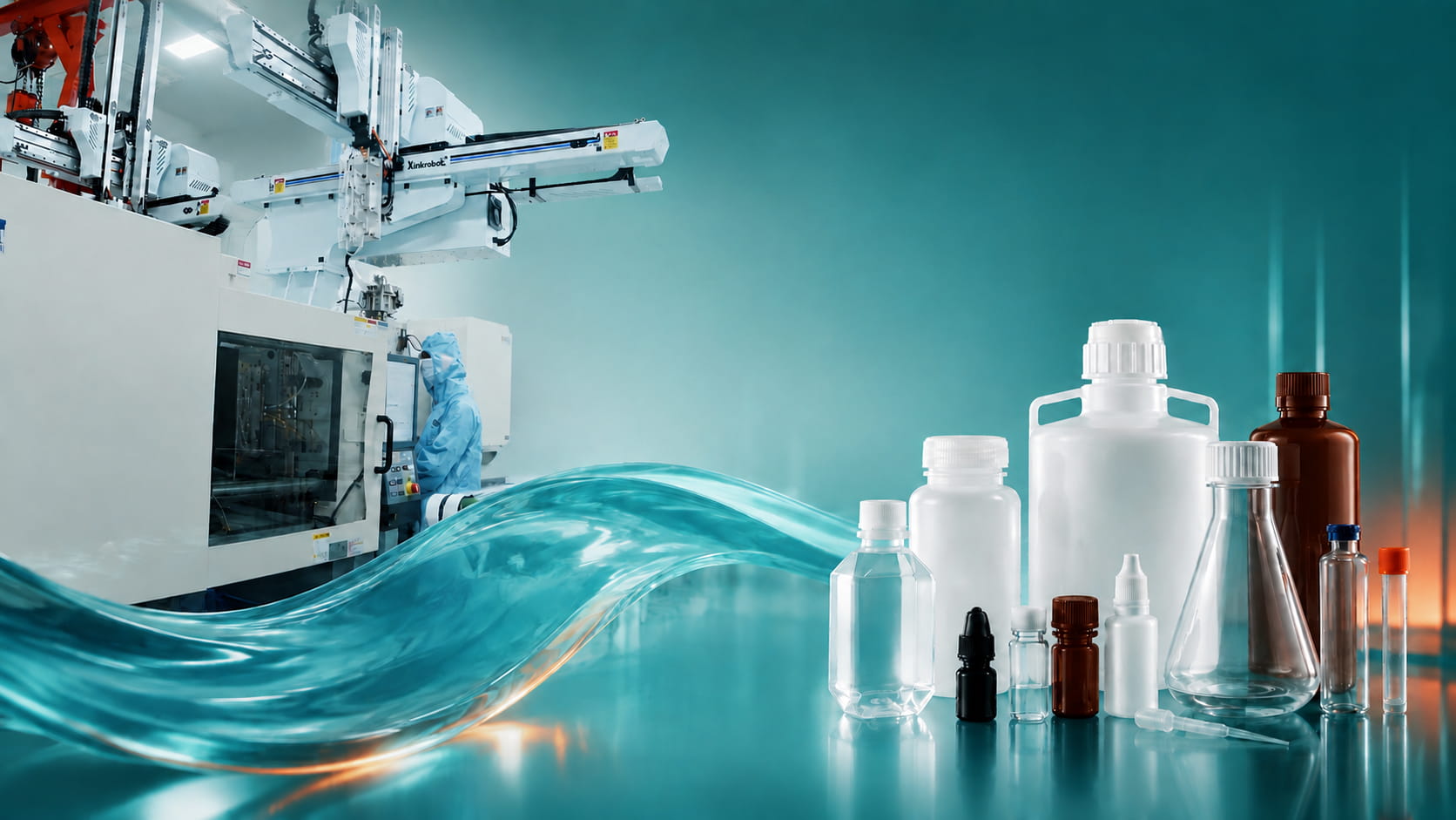 IDEAL laboratory plasticware presented beside its controlled injection-molding production line