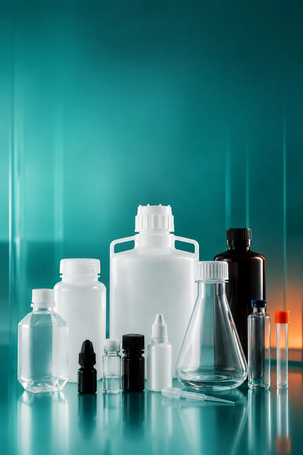 IDEAL laboratory plasticware including bottles, carboys, flasks, droppers, vials, and tubes