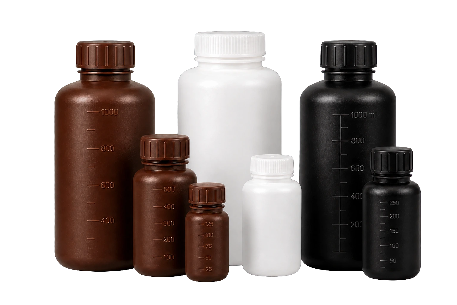 Amber, natural, and black HDPE reagent bottles in graduated and wide-mouth formats