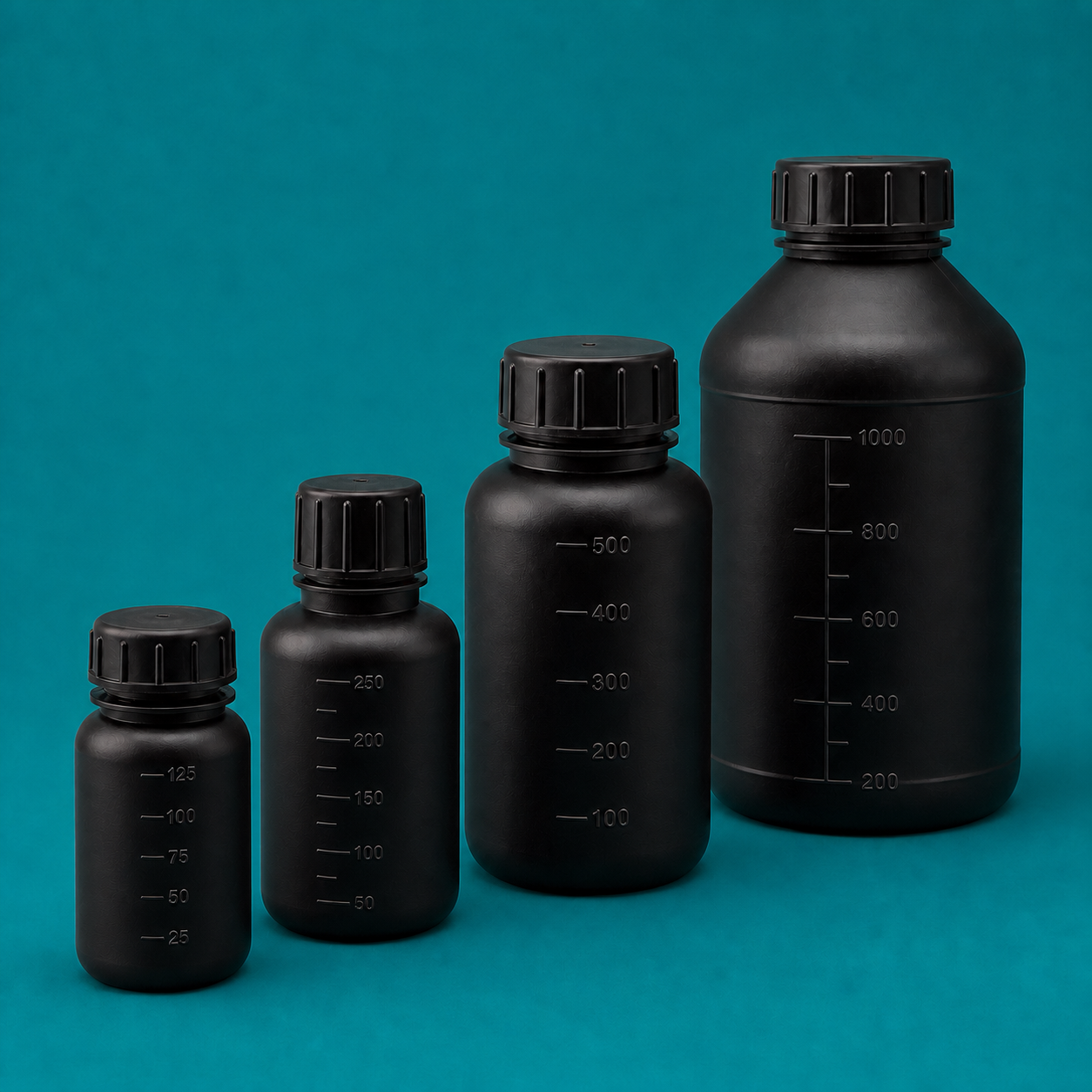 Black HDPE Graduated Bottles, Assorted Mouth Sizes