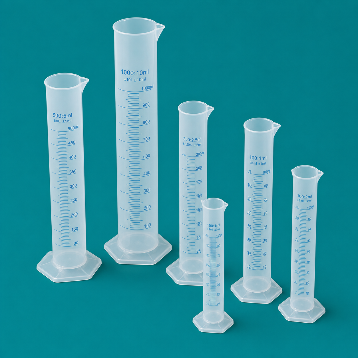 PP Graduated Cylinders, Blue or Molded Graduations