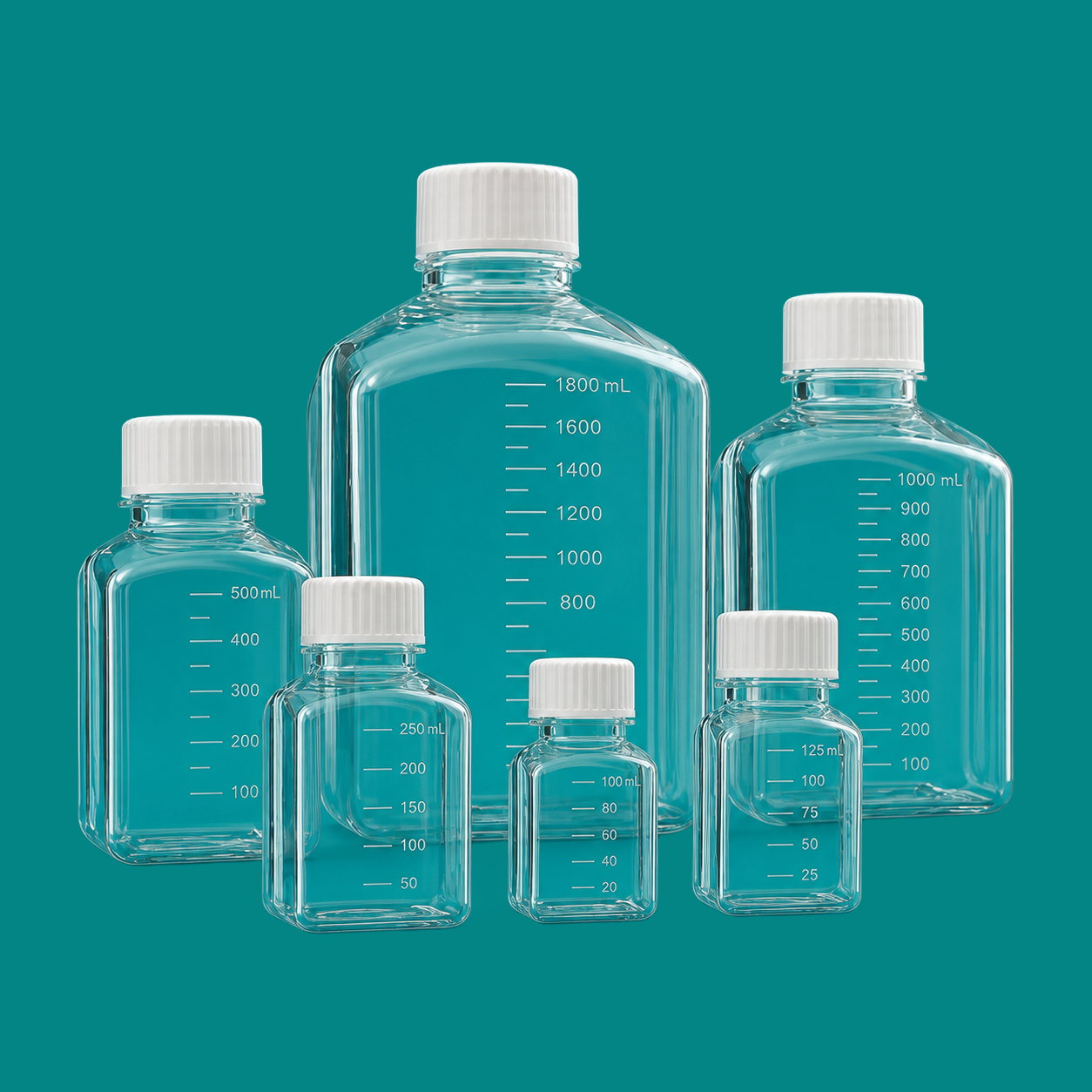 Square Polycarbonate Media Bottles with Closure